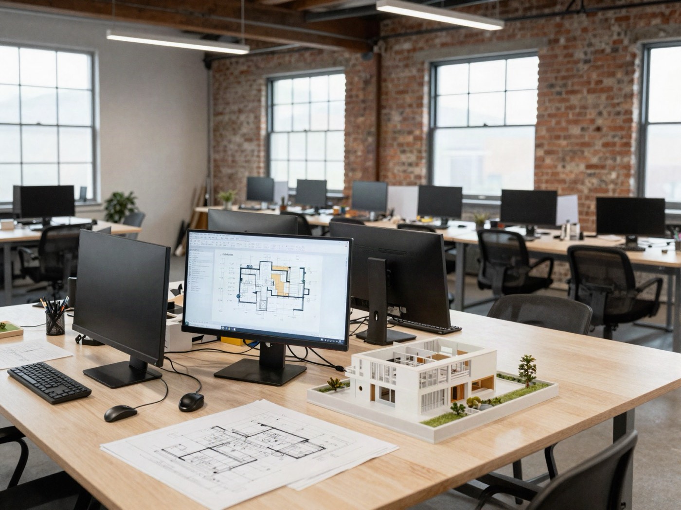 Helles Büro mit langen Arbeitstischen, Plänen und Modellen