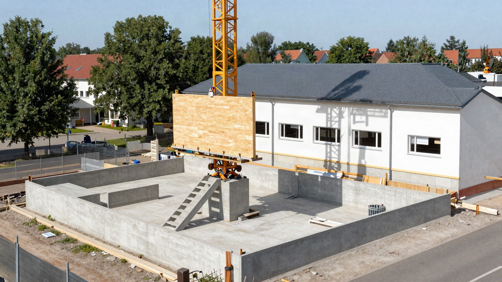 Kran setzt ein Wandelement aus Brettsperrholz auf den Betonsockel, daneben das bestehende Schulgebäude