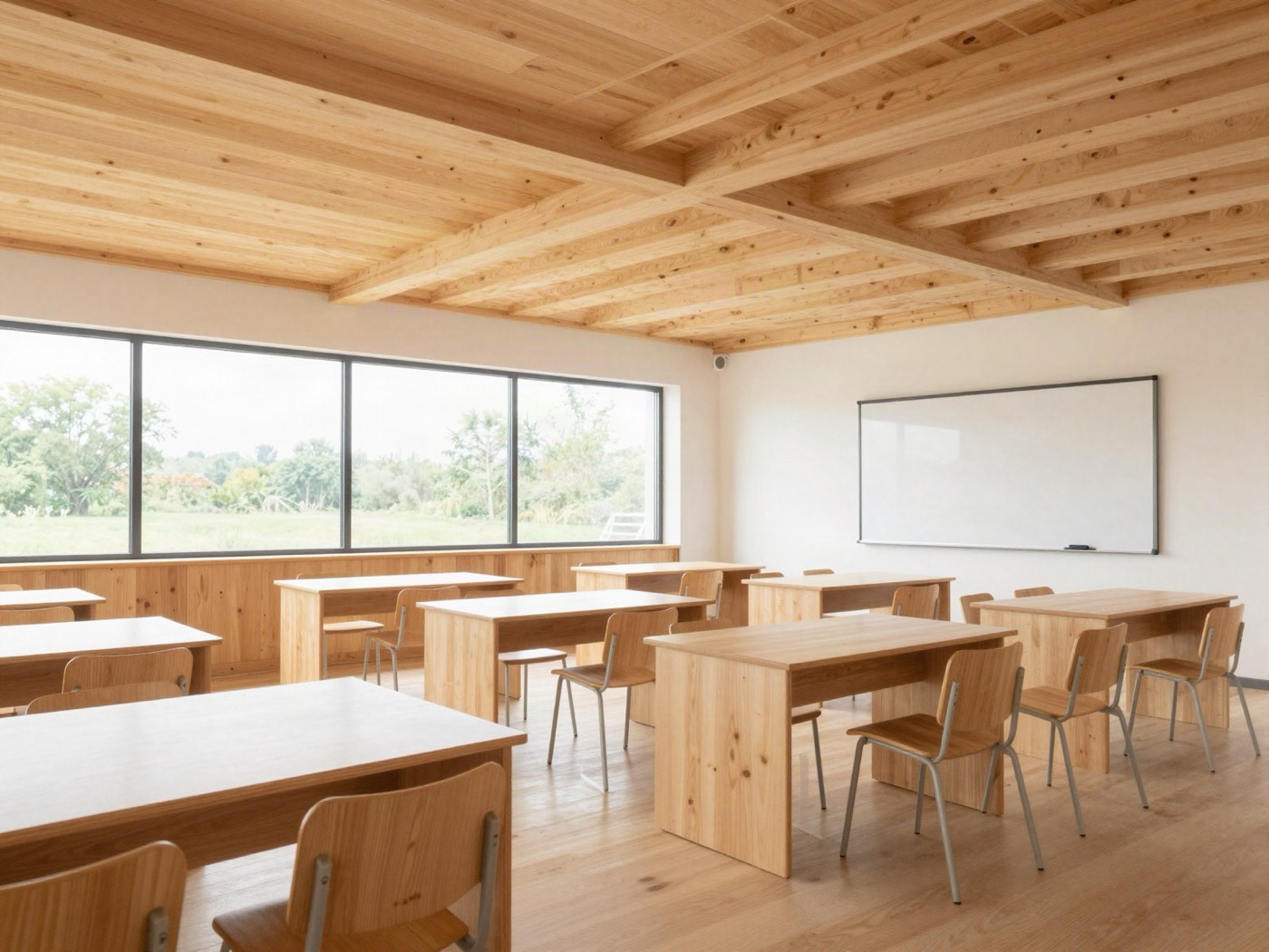 Klassenraum mit sichtbarer Holzdecke und großen Fenstern