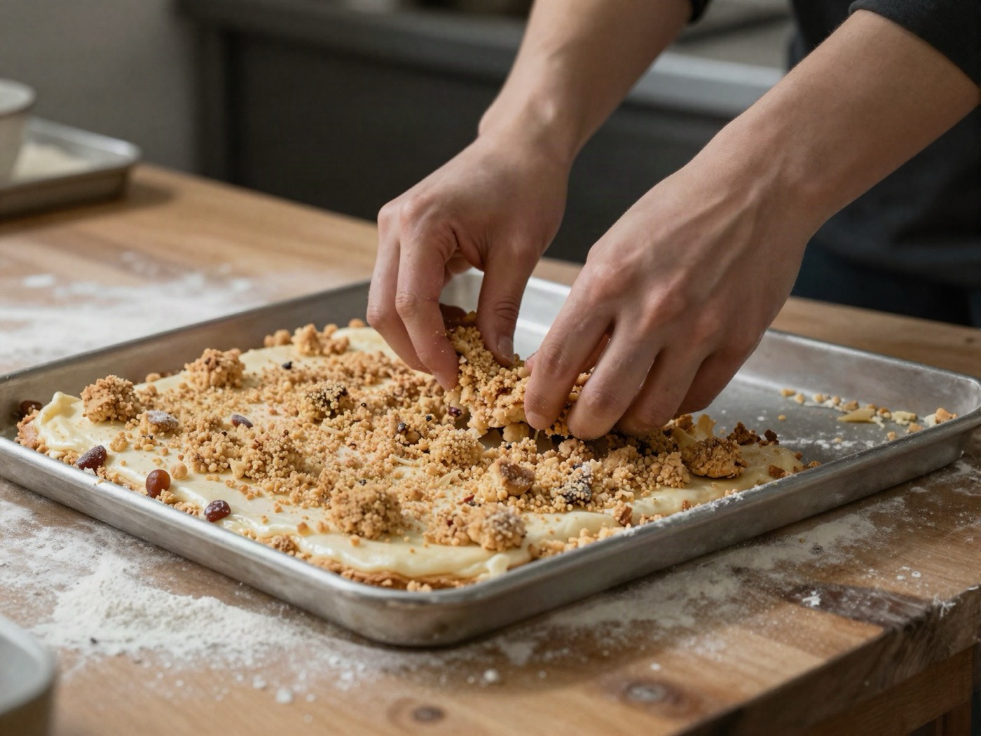 Hände verteilen Streusel auf einem Blech Kuchen