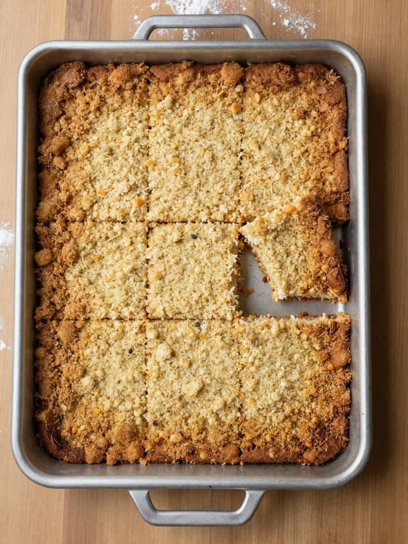 Streuselkuchen auf dem Blech, in Stücke geschnitten
