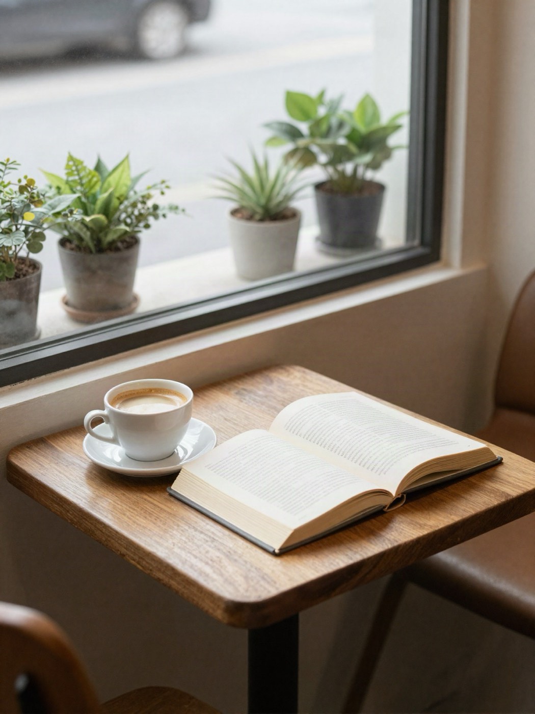 Fensterplatz mit Tasse und aufgeschlagenem Buch