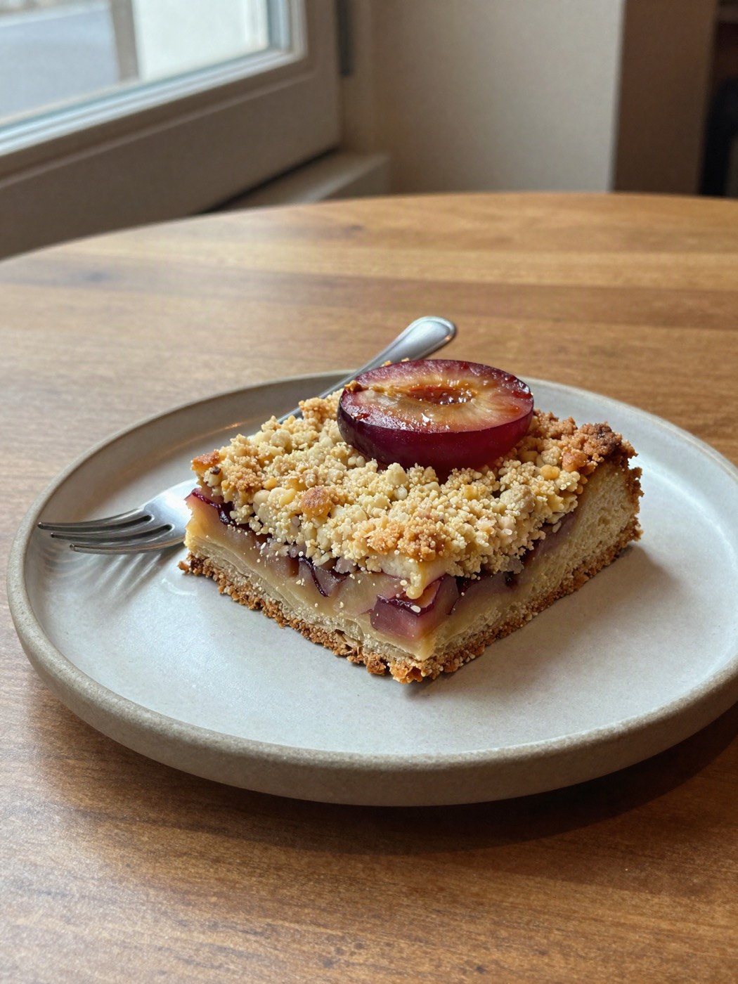 Ein Stück Streuselkuchen mit Pflaume auf einem Teller aus Steingut