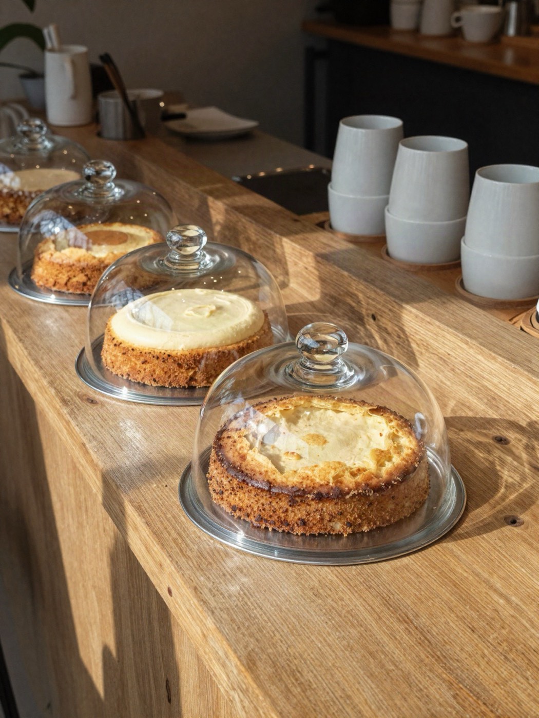 Runde Kuchen unter Glashauben auf dem Tresen